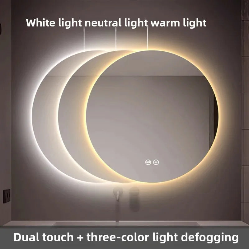 Round Mirror Wall-mounted Smart Bathroom Mirror Led Touch Screen High Definition Anti-fog Luminous Wall-mounted Mirror